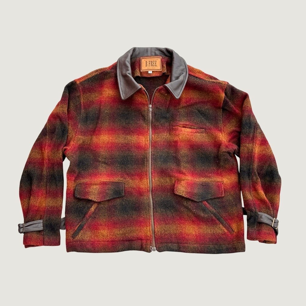 B.FREE Mens Ombre Plaid Wool Jacket Leather Collar Red Orange Talon Zip Size M
